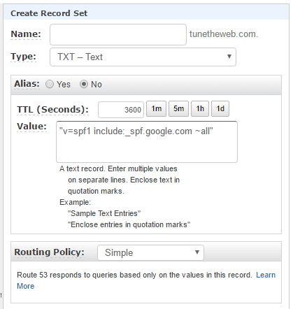 Google SPF DNS Record Addition in AWS Route 53